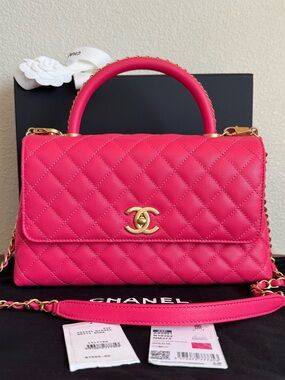 CHANEL Large Flap Top Handle Caviar Leather Bag in Rose Pink